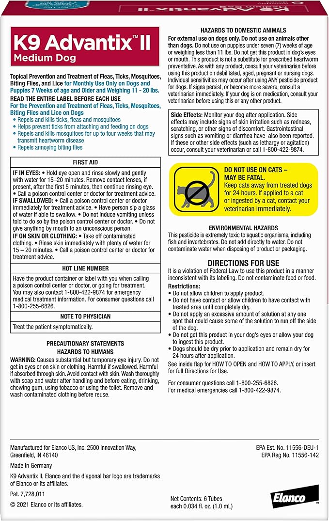 K9 Advantix II Medium Dog 11–20 lbs Flea & Tick Treatment – 6 Month Supply